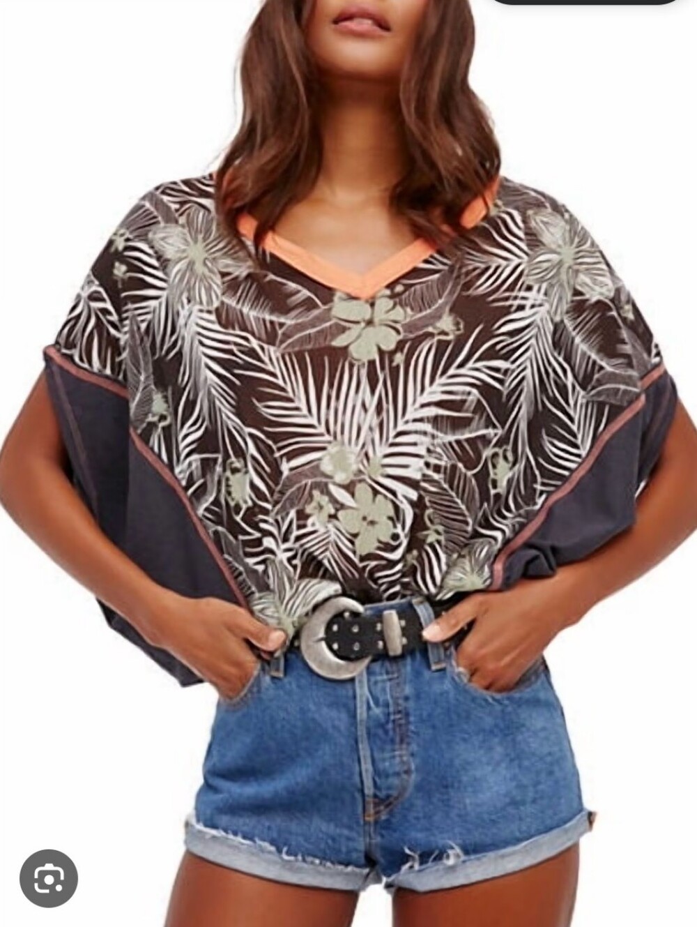 We The Free Black Tunic with Green Tropical Print and Coral Trim